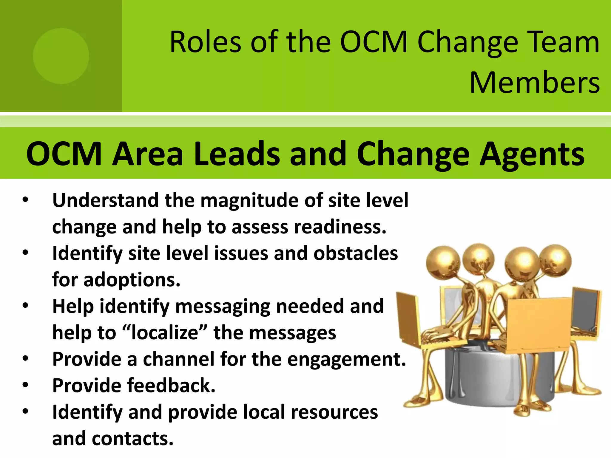 Roles of the OCM Change Team
                                     Members

OCM Area Leads and Change Agents
•   Understand the magnitude of site level
    change and help to assess readiness.
•   Identify site level issues and obstacles
    for adoptions.
•   Help identify messaging needed and
    help to “localize” the messages
•   Provide a channel for the engagement.
•   Provide feedback.
•   Identify and provide local resources
    and contacts.
 