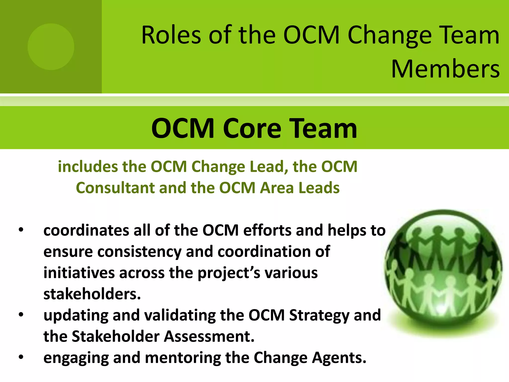 Roles of the OCM Change Team
                                     Members

                  OCM Core Team
     includes the OCM Change Lead, the OCM
        Consultant and the OCM Area Leads

•   coordinates all of the OCM efforts and helps to
    ensure consistency and coordination of
    initiatives across the project’s various
    stakeholders.
•   updating and validating the OCM Strategy and
    the Stakeholder Assessment.
•   engaging and mentoring the Change Agents.
 