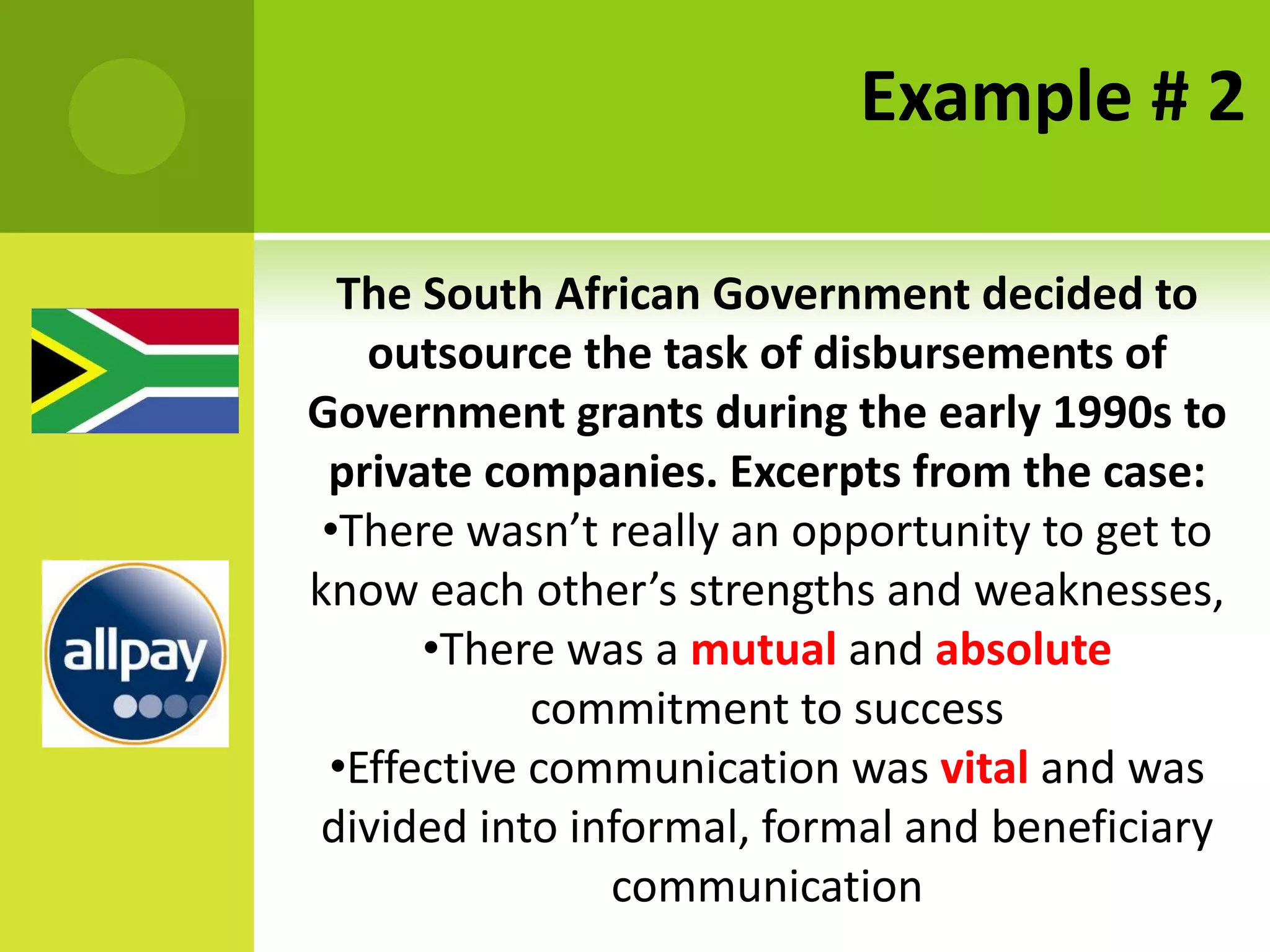 Example # 2

  The South African Government decided to
   outsource the task of disbursements of
Government grants during the early 1990s to
 private companies. Excerpts from the case:
 •There wasn’t really an opportunity to get to
know each other’s strengths and weaknesses,
      •There was a mutual and absolute
            commitment to success
 •Effective communication was vital and was
 divided into informal, formal and beneficiary
                communication
 