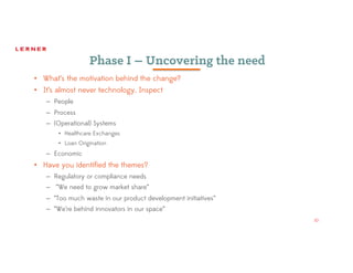 10
Phase I – Uncovering the need
• What’s the motivation behind the change?
• It’s almost never technology. Inspect
– People
– Process
– (Operational) Systems
• Healthcare Exchanges
• Loan Origination
– Economic
• Have you identified the themes?
– Regulatory or compliance needs
– “We need to grow market share”
– “Too much waste in our product development initiatives”
– “We’re behind innovators in our space”
10
 
