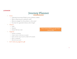 11
Journey Planner
• Assess
– Understand environment (People, process, behaviors, beliefs)
– What is influencing and creating the need?
– What are analogies from like problems in other areas?
– How does the organization behave under change?
• Observe
– Listen
– Question
– Interact (Be here; now)
• Organize
– Develop a vocabulary
– Create a matrix of what was uncovered
– Build a semantic map of opinions, beliefs with examples
– What is unexplored?
– What don’t you know?
• Don’t make any judgments, yet
11
“Don’t arrive before you get there”
Lesson #26
 