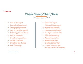16
Chaos Group Then/Now
• Lack of User Input
• Incomplete Requirements
• Changing Requirements
• Lack of Executive Support
• Technology Incompetence
• Lack of Resources
• Unrealistic Expectations
• Unclear Objectives
• Unrealistic Time Frames
• New Technology
• Direct User Input
• Prioritized Requirements
• Aligned Requirements
• Clear Executive Support
• The Right Technical Skills
• Effective Resourcing
• Aligned Expectations
• Aligned Objectives
• Credible Delivery Plan
• Current Technical Skills,
Architectures and Frameworks
*The	Standish	Group	1994,	2004
Drivers of success and #Fail*
 