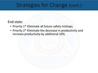 End state:
• Priority 1* Eliminate all future safety mishaps.
• Priority 2* Eliminate the decrease in productivity and
increase productivity by additional 10%.
Strategies for Change (cont.)
 
