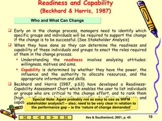 Readiness and Capability (Beckhard & Harris, 1987) Early on in the change process, managers need to identify which specific groups and individuals will be required to support the change if the change is to be successful. (See Stakeholder Analysis) When they have done so they can determine the readiness and capability of these individuals and groups to enact the roles required of them in the change process.  Understanding the  readiness  involves analysing attitudes: willingness, motives and aims.  Capability  is determined by whether they have the power, the influence and the authority to allocate resources, and the appropriate information and skills.  Beckhard and Harris (1987, p.63) have developed a Readiness–Capability Assessment Chart which enables the user to list individuals or groups who are critical to the change effort, and to rank them (high, medium, or low) each according to their readiness and capability with respect to change. Who and What Can Change Iles & Southerland, 2001, p. 45 Special Note: Again probably not as easy to use as WIFM stakeholder analysis!! – also; need to be very clear in relation to the performance gap – ie the ‘nature of change demanded’ 