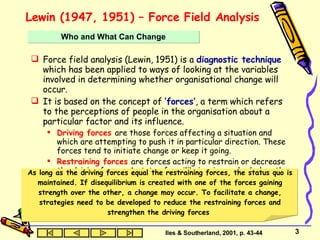 Lewin (1947, 1951) – Force Field Analysis  Force field analysis (Lewin, 1951) is a  diagnostic technique  which has been applied to ways of looking at the variables involved in determining whether organisational change will occur.  It is based on the concept of  ‘forces’ , a term which refers to the perceptions of people in the organisation about a particular factor and its influence. Driving forces   are those forces affecting a situation and which are attempting to push it in particular direction. These forces tend to initiate change or keep it going. Restraining forces   are forces acting to restrain or decrease the driving forces. A state of equilibrium is reached when the sum of the driving forces equals the Who and What Can Change Iles & Southerland, 2001, p. 43-44 As long as the driving forces equal the restraining forces, the status quo is maintained. If disequilibrium is created with one of the forces gaining strength over the other, a change may occur. To facilitate a change, strategies need to be developed to reduce the restraining forces and strengthen the driving forces  