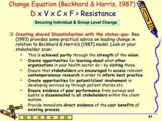 Change Equation (Beckhard & Harris, 1987)   D  x V x C x F > Resistance Creating shared Dissatisfaction with the status-quo:   Rea (1993) provides some practical advice on leading change in relation to Beckhard & Harris’s (1987) model. Look at your stakeholder scan: This is  achieved partly  through the  strength  of the  vision Create opportunities  for  learning   about  what  other organisations  in your health sector do – by  visiting  these. Ensure that  stakeholders  are  encouraged  to  access  relevant  contemporaneous research  in order to  inform best practice . Create opportunities  for  patient/client involvement  in developing services eg through patient stories etc. Ensure evidence  of  poor performance  from surveys and audits is  disseminated  to  all stakeholders  within the client system. Provide immediate  direct evidence  of the  cost benefits  of  existing process . Securing Individual & Group Level Change 
