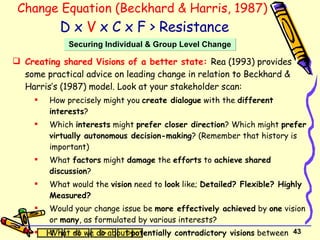 Change Equation (Beckhard & Harris, 1987)   D x  V  x C x F > Resistance Creating shared Visions of a better state:   Rea (1993) provides some practical advice on leading change in relation to Beckhard & Harris’s (1987) model. Look at your stakeholder scan: How precisely might you  create dialogue  with the  different interests ? Which  interests  might  prefer closer direction ? Which might  prefer virtually autonomous decision-making ? (Remember that history is important) What  factors  might  damage  the  efforts  to  achieve   shared discussion ? What would the  vision  need to  look  like;  Detailed? Flexible? Highly Measured? Would your change issue be  more effectively achieved  by  one  vision or  many , as formulated by various interests? What do we do about  potentially contradictory visions  between stakeholders? Securing Individual & Group Level Change 