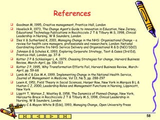 References Goodman M, 1995, Creative management, Prentice-Hall, London Havelock R, 1973, The Change Agent’s Guide to innovation in Education, New Jersey, Educational Technology Publications in Rocchicciolo J T & Tilbury M S, 1998, Clinical Leadership in Nursing, W B Saunders, London Iles V & Sutherland K, 2001, Managing Change in the NHS: Organisational Change – a review for health care managers, professionals and researchers, London: National Coordinating Centre fro NHS Service Delivery and Organisational R & D (NCC/SDO) Johnson G & Scholes K, 1993, Exploring Corporate Strategy, Text & Cases (3rd Ed), Prentice-Hall, London, pp. 37-8 Kotter J P & Schlesinger L A, 1979, Choosing Strategies for change, Harvard Business Review, March-April, pp. 106-113 Kotter J P, 1995, Why Transformation Efforts Fail, Harvard Business Review, March-April, pp. 59-68 Lamb M C & Cox M A, 1999, Implementing Change in the National Health Service, Journal of Management in Medicine, Vol 13, No 5, pp. 288-297 Lewin K, 1951, Field Theory in Social Sciences, Harper Row, New York in Marquis B L & Huston C J, 2000, Leadership Roles and Management Functions in Nursing, Lippincott, New York Lippitt T, Watson J, Westley B, 1958, The Dynamics of Planned Change, New York, Harcourte-Brace in Rocchicciolo J T & Tilbury M S, 1998, Clinical Leadership in Nursing, W B Saunders, London Mabey C & Mayon-White B (Eds), 1993, Managing Change, Open University Press 