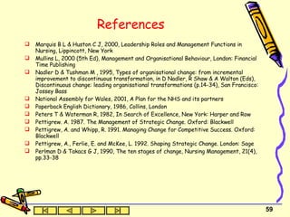 References Marquis B L & Huston C J, 2000, Leadership Roles and Management Functions in Nursing, Lippincott, New York Mullins L, 2000 (5th Ed), Management and Organisational Behaviour, London: Financial Time Publishing Nadler D & Tushman M , 1995, Types of organisational change: from incremental improvement to discontinuous transformation, in D Nadler, R Shaw & A Walton (Eds), Discontinuous change: leading organisational transformations (p.14-34), San Francisco: Jossey Bass National Assembly for Wales, 2001, A Plan for the NHS and its partners Paperback English Dictionary, 1986, Collins, London Peters T & Waterman R, 1982, In Search of Excellence, New York: Harper and Row Pettigrew. A. 1987. The Management of Strategic Change. Oxford: Blackwell Pettigrew, A. and Whipp, R. 1991. Managing Change for Competitive Success. Oxford: Blackwell Pettigrew, A., Ferlie, E. and McKee, L. 1992. Shaping Strategic Change. London: Sage Perlman D & Takacs G J, 1990, The ten stages of change, Nursing Management, 21(4), pp.33-38 