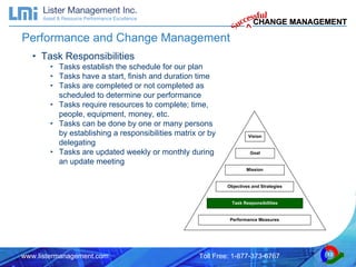 Performance and Change Management Task Responsibilities Tasks establish the schedule for our plan Tasks have a start, finish and duration time Tasks are completed or not completed as scheduled to determine our performance Tasks require resources to complete; time, people, equipment, money, etc. Tasks can be done by one or many persons by establishing a responsibilities matrix or by delegating Tasks are updated weekly or monthly during an update meeting Vision Goal Mission Objectives and Strategies Task Responsibilities Performance Measures 