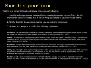 Now it's your turn Apply it to a personal situation that you are personally close to. 1. Identify a change you are having difficulty making in another person (friend, family member or work associate), that is not working regardless of your continued efforts.  2. Briefly describe the personal change you are trying to implement:  3. Answer and assign a score for the following questions.  Awareness.  List the reasons you believe the change is necessary. Review these reasons and rate the degree to which the person you are trying to change is aware of the reasons or need to change (0% - 100%).  Desire.  List the factors or consequences (good and bad) for this person that create a desire to change. Consider these motivating factors, including the person’s conviction in these factors and the associated consequences. Rate his/her desire to change (0% - 100%).  Knowledge . List the skills and knowledge needed to support the change, including if the person has a clear picture of what the change looks like. Rate this person’s knowledge or level of training in these areas (0% - 100%).   Ability . Considering the skills and knowledge identified in the previous question, evaluate the person’s ability to perform these skills or act on this knowledge. To what percent do you rate this person’s ability to implement the new skills, knowledge and behaviors to support the change (0% - 100%)?  Reinforcement . List the reinforcements that will help to retain the change. Are incentives in place to reinforce the change and make it stick? To what percent do you rate the reinforcements as helping support the change (0% - 100%)?  