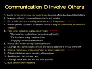 Communication – Involve Others 1.   Build a  comprehensive communications plan  targeting affected units and stakeholders 2.  Leverage preferred communications methods and vehicles 3.  Focus initial rounds on creating awareness and building support 4.  Provide periodic updates in subsequent rounds to  keep all stakeholders informed and engaged. 5.  Task senior executives to play an active role: * Sponsorship – in global communications and funding * Participation – in key project activities * Engaging – other key stakeholders 6.  Involve other leaders through working sessions  7.  Leverage other communication events and training sessions to involve entire staff 8.  Create a “stakeholder engagement” plan for active involvement  9.  Collect stakeholder concerns during all interactions 10.  Build buy-in to the business case 11. Leverage “quick wins” and test and learn activities 12.  Build comprehensive reporting   