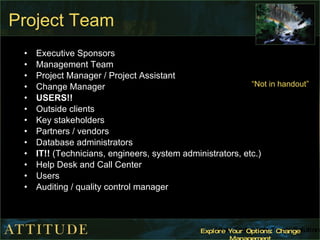 Project Team Executive Sponsors Management Team Project Manager / Project Assistant Change Manager USERS!! Outside clients Key stakeholders Partners / vendors Database administrators IT!!  (Technicians, engineers, system administrators, etc.) Help Desk and Call Center Users Auditing / quality control manager “ Not in handout” 