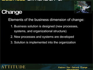 Business  Dimension of Change Elements of the business dimension of change:   Business solution is designed (new processes, systems, and organizational structure)  New processes and systems are developed  Solution is implemented into the organization  