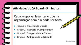 Cada grupo vai levantar o que na
organização tem e o pode ser feito
● Grupo 1: Volatilidade x Visão
● Grupo 2: Incerteza x Compreensão
● Grupo 3: Complexidade x Clareza
● Grupo 4: Ambiguidade x Agilidade
Atividade: VUCA Board - 5 minutos
by Mayra Souza
 