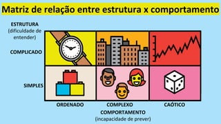 COMPORTAMENTO
(incapacidade de prever)
ESTRUTURA
(dificuldade de
entender)
ORDENADO COMPLEXO CAÓTICO
SIMPLES
COMPLICADO
Matriz de relação entre estrutura x comportamento
 
