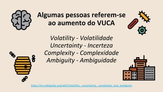 Algumas pessoas referem-se
ao aumento do VUCA
Volatility - Volatilidade
Uncertainty - Incerteza
Complexity - Complexidade
Ambiguity - Ambiguidade
https://en.wikipedia.org/wiki/Volatility,_uncertainty,_complexity_and_ambiguity
 