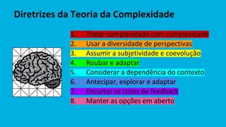 1. Tratar complexidade com complexidade
2. Usar a diversidade de perspectivas
3. Assumir a subjetividade e coevolução
4. Roubar e adaptar
5. Considerar a dependência do contexto
6. Antecipar, explorar e adaptar
7. Encurtar os ciclos de feedback
8. Manter as opções em aberto
Diretrizes da Teoria da Complexidade
 