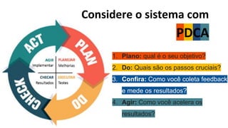 Considere o sistema com
PDCA
1. Plano: qual é o seu objetivo?
2. Do: Quais são os passos cruciais?
3. Confira: Como você coleta feedback
e mede os resultados?
4. Agir: Como você acelera os
resultados?
 