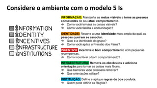Considere o ambiente com o modelo 5 Is
INFORMAÇÃO: Mantenha as metas visíveis e torne as pessoas
conscientes de seu atual comportamento.
➔ Como você tornará as coisas visíveis?
➔ Como você facilita a comunicação?
IDENTIDADE: Recorra a uma identidade mais ampla da qual as
pessoas queiram se associar.
➔ Qual é a identidade do grupo?
➔ Como você aplica a Pressão dos Pares?
INCENTIVO: Incentive o bom comportamento com pequenas
recompensas.
➔ Como incentivar o bom comportamento?
INFRAESTRUTURA: Remova os obstáculos e adicione
orientação para tornar as coisas mais fáceis.
➔ Que barreiras você precisará remover?
➔ Que orientações utilizar?
INSTITUIÇÃO: Define e aplique regras de boa conduta.
➔ Quem pode definir as Regras?
 