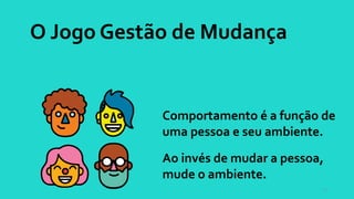 77
O Jogo Gestão de Mudança
Comportamento é a função de
uma pessoa e seu ambiente.
Ao invés de mudar a pessoa,
mude o ambiente.
 