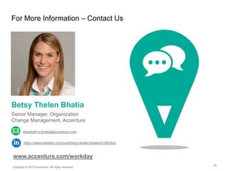 24
For More Information – Contact Us
Copyright © 2015 Accenture All rights reserved.
Betsy Thelen Bhatia
Senior Manager, Organization
Change Management, Accenture
https://www.linkedin.com/pub/betsy-thelen-bhatia/4/266/9a3
elizabeth.a.bhatia@accenture.com
www.accenture.com/workday
 