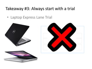 Takeaway #3: Always start with a trial
• Laptop Express Lane Trial
 