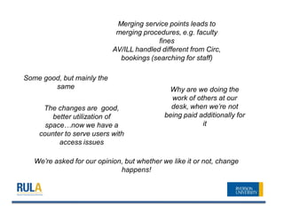 Merging service points leads to
                             merging procedures, e.g. faculty
                                          fines
                            AV/ILL handled different from Circ,
                              bookings (searching for staff)

Some good, but mainly the
        same                                  Why are we doing the
                                               work of others at our
     The changes are good,                     desk, when we’re not
        better utilization of                being paid additionally for
      space…now we have a                                it
    counter to serve users with
          access issues

   We’re asked for our opinion, but whether we like it or not, change
                              happens!
 