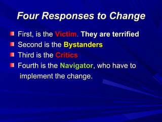 Four Responses to Change
First, is the Victim. They are terrified
Second is the Bystanders
Third is the Critics
Fourth is the Navigator, who have to
implement the change.

 