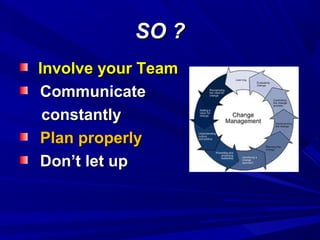 SO ?
Involve your Team
Communicate
constantly
Plan properly
Don’t let up

 