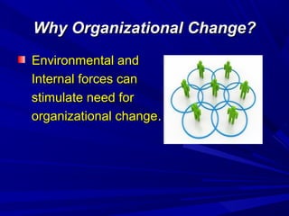 Why Organizational Change?
Environmental and
Internal forces can
stimulate need for
organizational change.

 