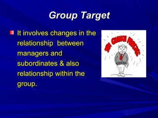 Group Target
It involves changes in the
relationship between
managers and
subordinates & also
relationship within the
group.

 