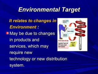 Environmental Target
It relates to changes in
Environment :
May be due to changes
in products and
services, which may
require new
technology or new distribution
system.

 