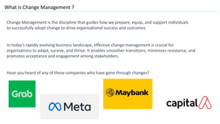 Change Management is the discipline that guides how we prepare, equip, and support individuals
to successfully adopt change to drive organizational success and outcomes.
What is Change Management ?
In today's rapidly evolving business landscape, effective change management is crucial for
organizations to adapt, survive, and thrive. It enables smoother transitions, minimizes resistance, and
promotes acceptance and engagement among stakeholders.
Have you heard of any of these companies who have gone through changes?
 