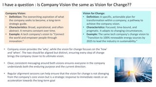 I have a question : Is Company Vision the same as Vision for Change??
Company Vision:
• Definition: The overarching aspiration of what
the company seeks to become; a long-term
strategic guide.
• Characteristics: Broad, aspirational, and often
abstract. It remains constant over time.
• Example: A tech company's vision to "Connect
the world and empower people through
innovation."
Vision for Change:
• Definition: A specific, actionable plan for
transformation within a company; a pathway to
achieve the company vision.
• Characteristics: Focused, time-bound, and
pragmatic. It adapts to changing circumstances.
• Example: The same tech company's change vision to
"Transition to 100% renewable energy sources by
2025 to lead the industry in sustainability."
• Company vision provides the 'why', while the vision for change focuses on the 'how'
and 'when'. The two should be aligned but distinct, ensuring every step of change
brings the company closer to its ultimate vision.
• Clear, consistent messaging around both visions ensures everyone in the company
understands both the enduring purpose and the current direction.
• Regular alignment sessions can help ensure that the vision for change is not diverging
from the company's core vision but is a strategic response to immediate needs or an
acceleration towards the long-term goal
 
