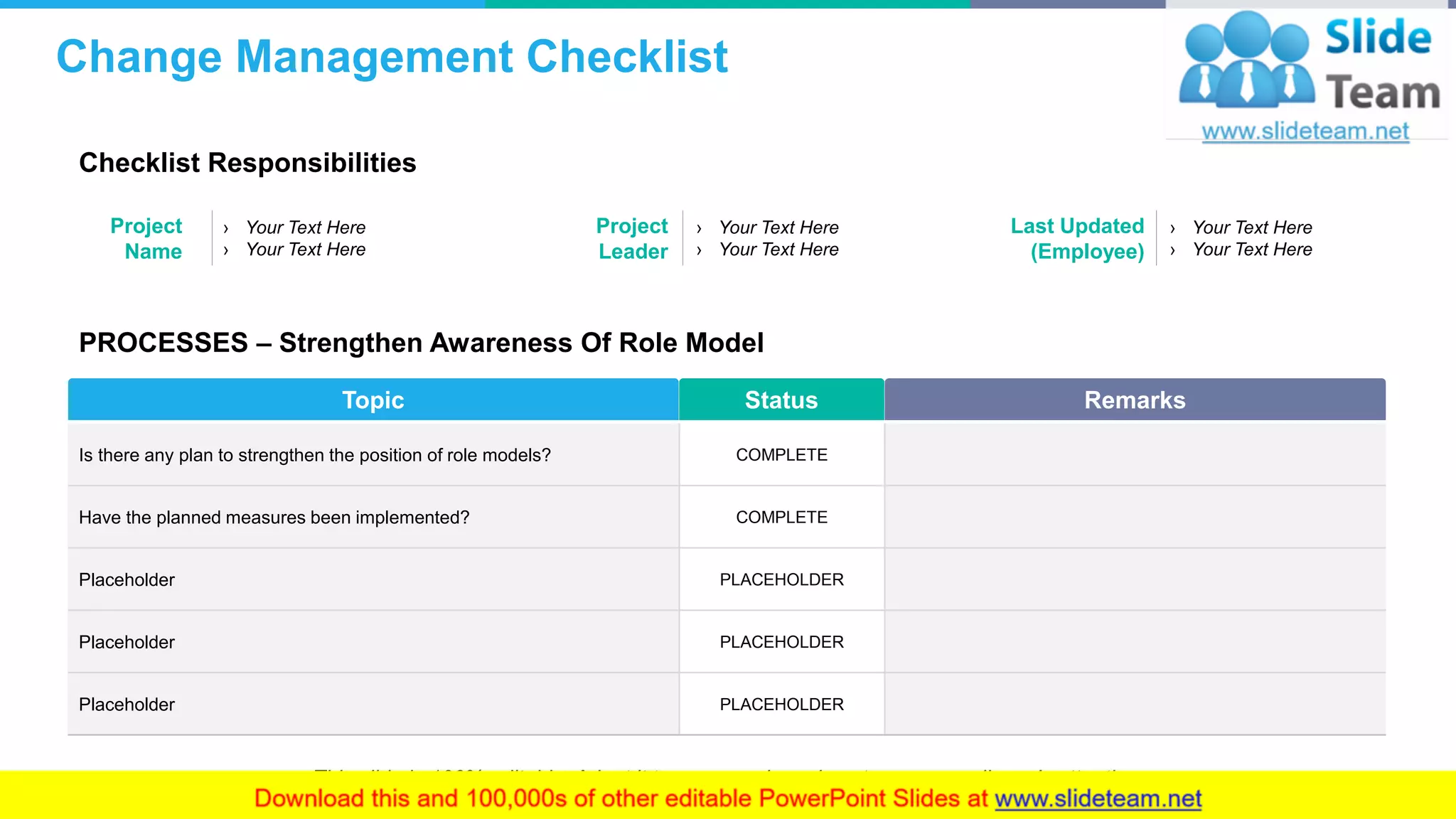 Change Management Checklist
10
Is there any plan to strengthen the position of role models? COMPLETE
Have the planned measures been implemented? COMPLETE
Placeholder PLACEHOLDER
Placeholder PLACEHOLDER
Placeholder PLACEHOLDER
Topic Status Remarks
Project
Name
› Your Text Here
› Your Text Here
Project
Leader
› Your Text Here
› Your Text Here
Last Updated
(Employee)
› Your Text Here
› Your Text Here
PROCESSES – Strengthen Awareness Of Role Model
Checklist Responsibilities
This slide is 100% editable. Adapt it to your needs and capture your audience's attention.
 