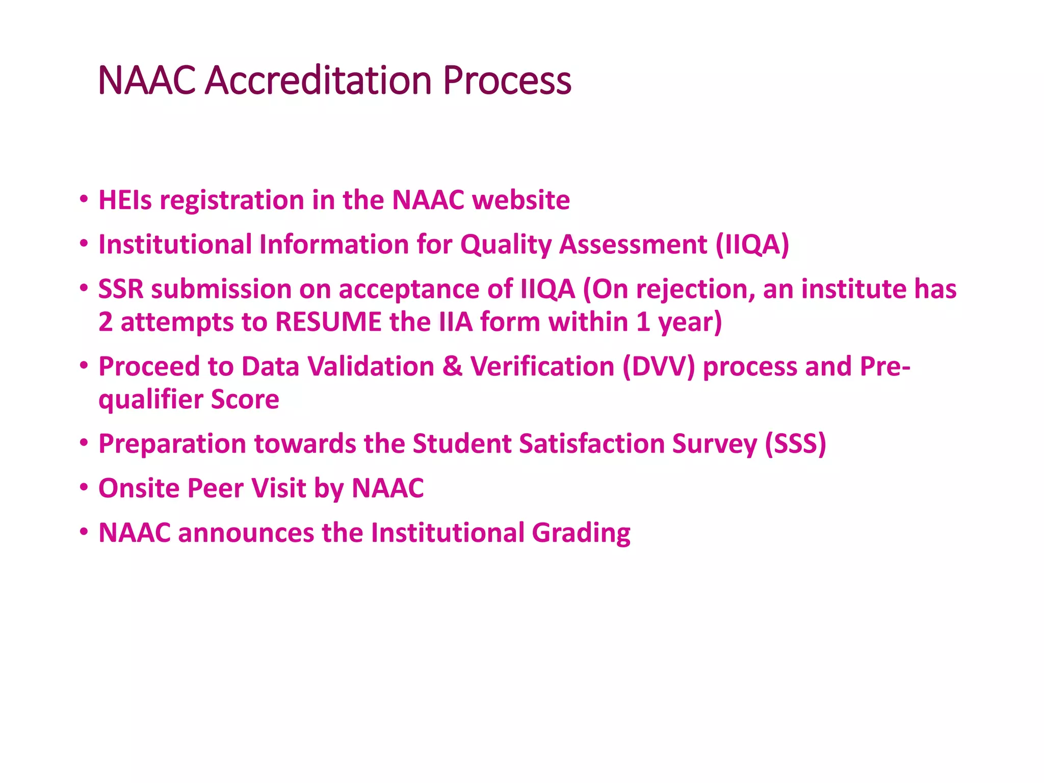 NAAC Accreditation Process
• HEIs registration in the NAAC website
• Institutional Information for Quality Assessment (IIQA)
• SSR submission on acceptance of IIQA (On rejection, an institute has
2 attempts to RESUME the IIA form within 1 year)
• Proceed to Data Validation & Verification (DVV) process and Pre-
qualifier Score
• Preparation towards the Student Satisfaction Survey (SSS)
• Onsite Peer Visit by NAAC
• NAAC announces the Institutional Grading
 