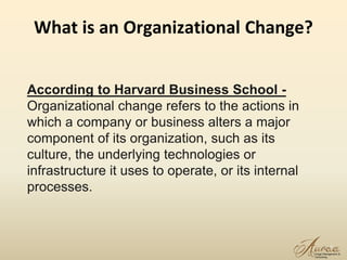 2
What is an Organizational Change?
According to Harvard Business School -
Organizational change refers to the actions in
which a company or business alters a major
component of its organization, such as its
culture, the underlying technologies or
infrastructure it uses to operate, or its internal
processes.
 