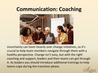 Communication: Coaching
23
Uncertainty can loom heavily over change initiatives, so it’s
crucial to help team members navigate through them with a
healthy perspective. Change isn’t easy, but with the right
coaching and support, leaders and their teams can get through
it. As leaders you should introduce additional trainings to help
teams cope during the transition phase.
 