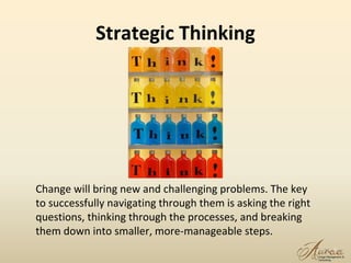 Strategic Thinking
25
Change will bring new and challenging problems. The key
to successfully navigating through them is asking the right
questions, thinking through the processes, and breaking
them down into smaller, more-manageable steps.
 