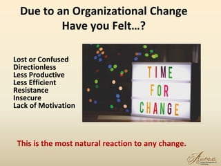 Due to an Organizational Change
Have you Felt…?
5
Lost or Confused
Directionless
Less Productive
Less Efficient
Resistance
Insecure
Lack of Motivation
This is the most natural reaction to any change.
 