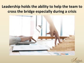 Leadership holds the ability to help the team to
cross the bridge especially during a crisis
8
 
