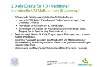 2.0 als Ersatz für 1.0 / traditionell Individuelle CM Maßnahmen (Bottom-up) Differenzierte Beteiligungsmöglichkeiten für Mitarbeiter um relevante Fähigkeiten, Expertise und Fachknow einzubringen (User Generated Content),  Promotoren und Stakeholder zu identifizieren,  Beeinflusser und Treiber von Netzwerken zu erkennen (RSS, Blogs, Tagging, Social Bookmarking, Trackbacks etc.) Feedbackmöglichkeiten für Kritik, Fragen, eigene Meinungen, auch anonym möglich (Microblogs) Informeller Austausch zwischen den Mitarbeitern und Möglichkeiten der Netzwerkbildung in selbstorganisierten offenen oder geschlossenen Gruppen (Soziale Netzwerke) Ideeneingabe und Bewertungsmöglichkeiten (Open Innovation, Ranking) 