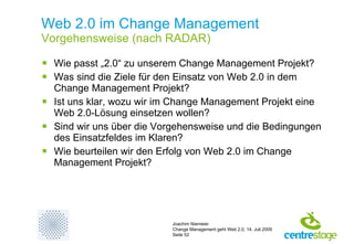 Web 2.0 im Change Management  Vorgehensweise (nach RADAR)  Wie passt „2.0“ zu unserem Change Management Projekt? Was sind die Ziele für den Einsatz von Web 2.0 in dem Change Management Projekt? Ist uns klar, wozu wir im Change Management Projekt eine Web 2.0-Lösung einsetzen wollen? Sind wir uns über die Vorgehensweise und die Bedingungen des Einsatzfeldes im Klaren? Wie beurteilen wir den Erfolg von Web 2.0 im Change Management Projekt? 