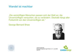 Wandel ist machbar  „Die vernünftigen Menschen passen sich der Welt an; die Unvernünftigen versuchen, sie zu verändern. Deshalb hängt aller Fortschritt von den Unvernünftigen ab.“ George Bernard Shaw  