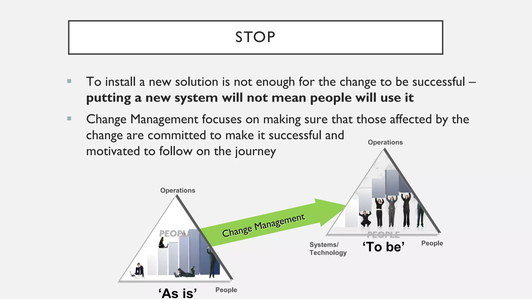 STOP
▪ To install a new solution is not enough for the change to be successful –
putting a new system will not mean people will use it
▪ Change Management focuses on making sure that those affected by the
change are committed to make it successful and
motivated to follow on the journey
‘To be’
PEOPLE
People
Systems/
Technology
Operations
‘As is’
PEOPLE
People
Operations
 