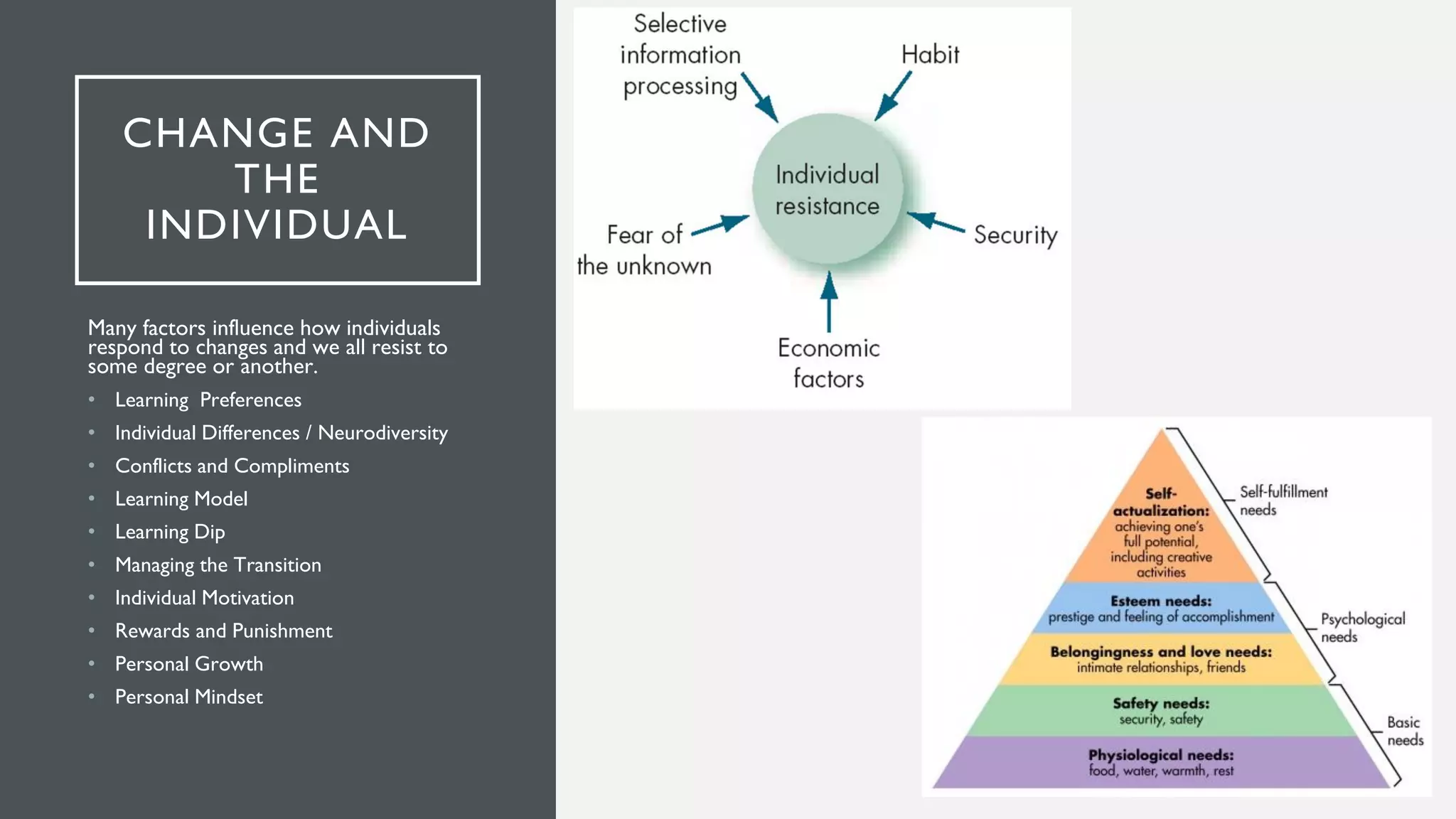 CHANGE AND
THE
INDIVIDUAL
Many factors influence how individuals
respond to changes and we all resist to
some degree or another.
• Learning Preferences
• Individual Differences / Neurodiversity
• Conflicts and Compliments
• Learning Model
• Learning Dip
• Managing the Transition
• Individual Motivation
• Rewards and Punishment
• Personal Growth
• Personal Mindset
 