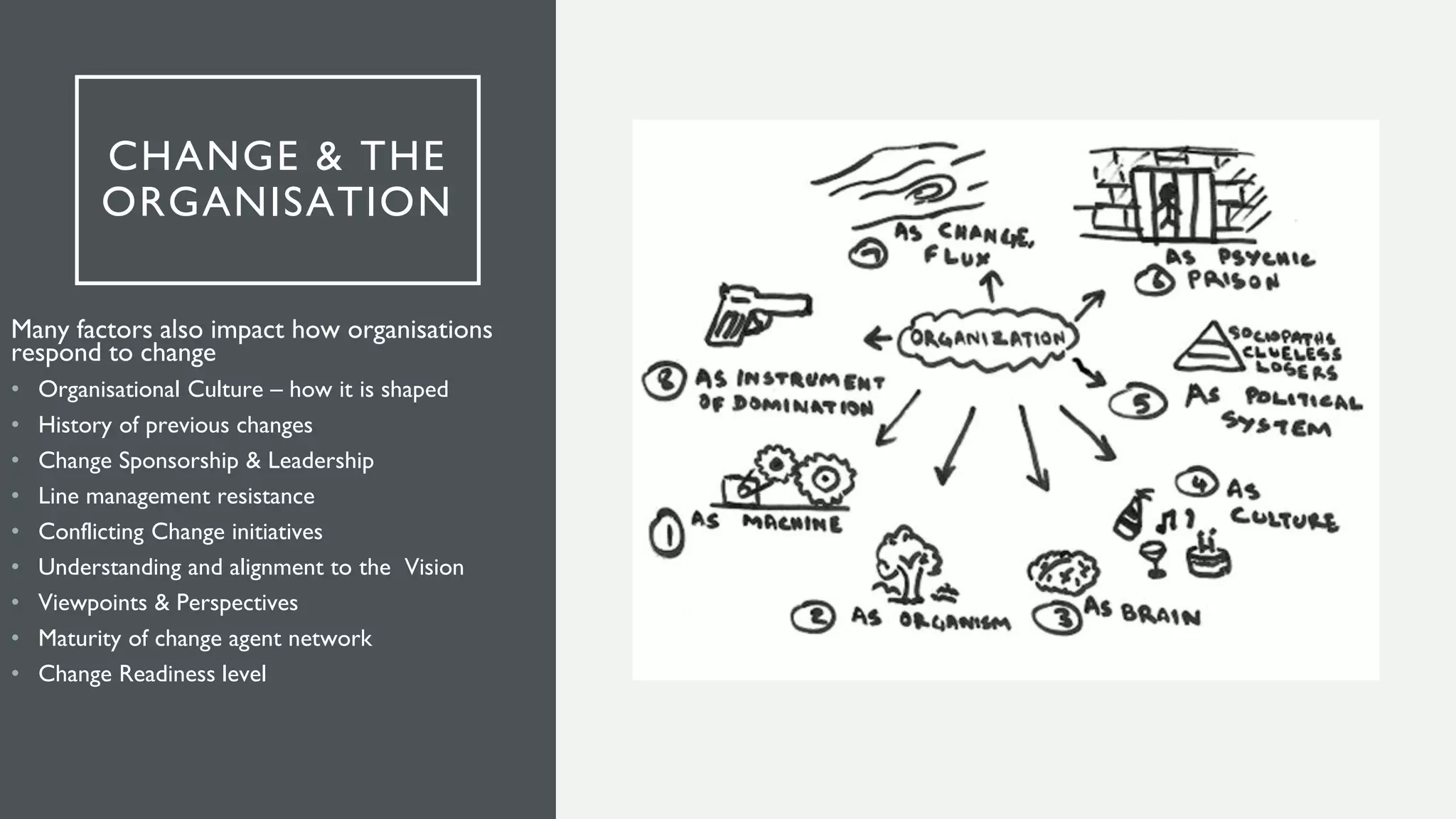 CHANGE & THE
ORGANISATION
Many factors also impact how organisations
respond to change
• Organisational Culture – how it is shaped
• History of previous changes
• Change Sponsorship & Leadership
• Line management resistance
• Conflicting Change initiatives
• Understanding and alignment to the Vision
• Viewpoints & Perspectives
• Maturity of change agent network
• Change Readiness level
 