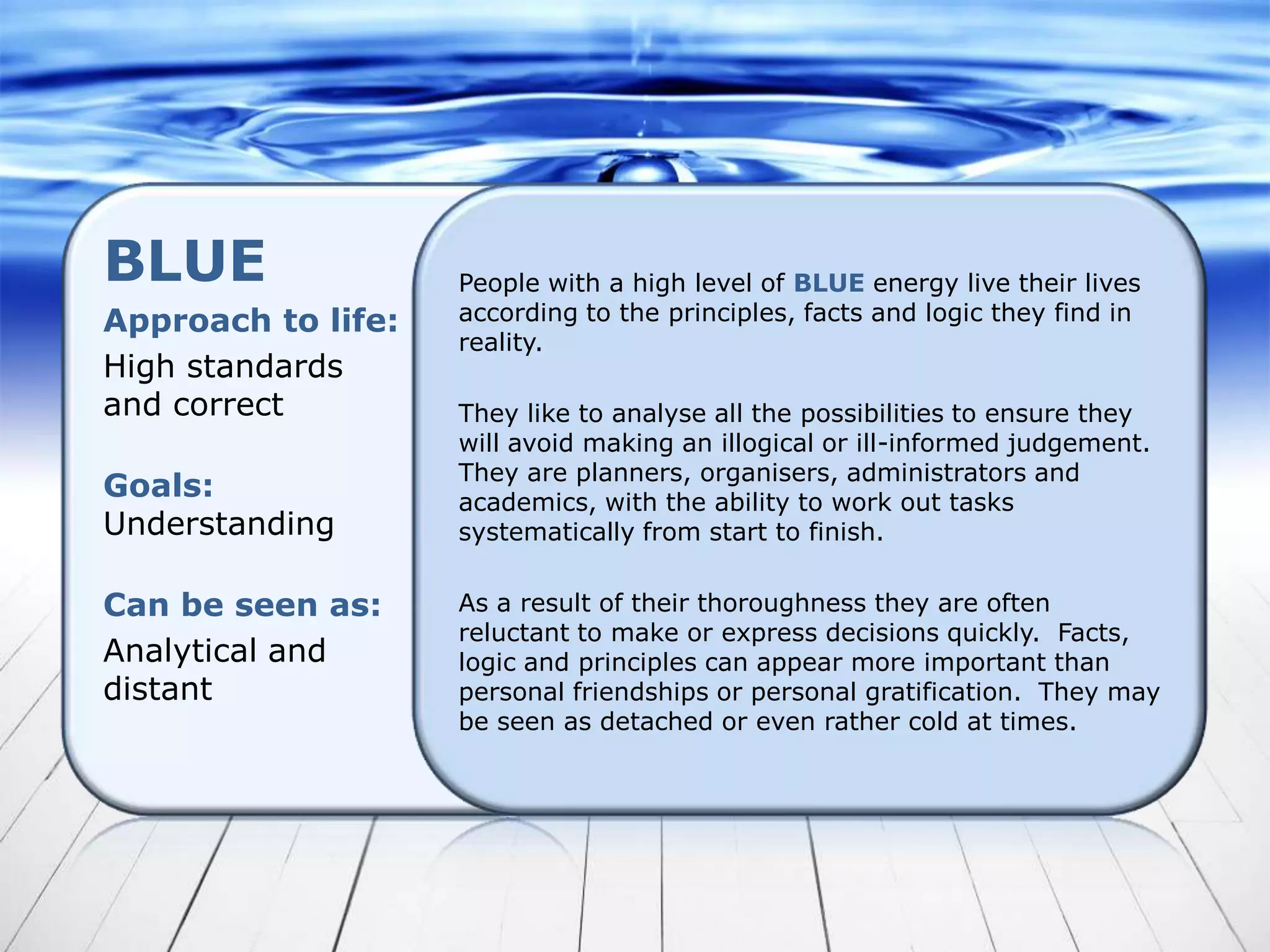 BLUE                People with a high level of BLUE energy live their lives
Approach to life:   according to the principles, facts and logic they find in
                    reality.
High standards
and correct         They like to analyse all the possibilities to ensure they
                    will avoid making an illogical or ill-informed judgement.
                    They are planners, organisers, administrators and
Goals:              academics, with the ability to work out tasks
Understanding       systematically from start to finish.


Can be seen as:     As a result of their thoroughness they are often
                    reluctant to make or express decisions quickly. Facts,
Analytical and      logic and principles can appear more important than
distant             personal friendships or personal gratification. They may
                    be seen as detached or even rather cold at times.
 