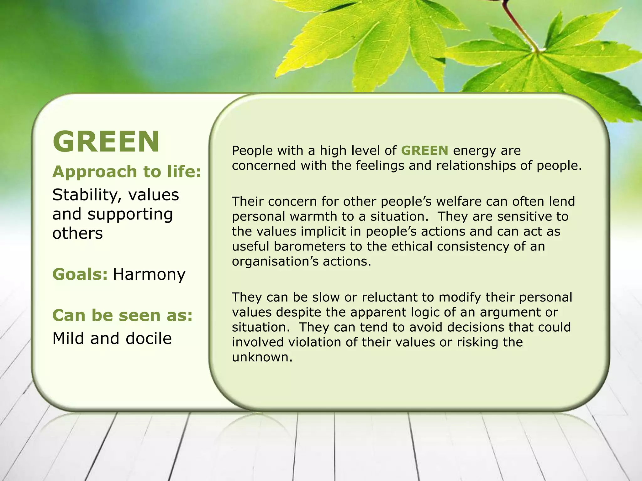 GREEN               People with a high level of GREEN energy are
                    concerned with the feelings and relationships of people.
Approach to life:
Stability, values   Their concern for other people’s welfare can often lend
and supporting      personal warmth to a situation. They are sensitive to
others              the values implicit in people’s actions and can act as
                    useful barometers to the ethical consistency of an
                    organisation’s actions.
Goals: Harmony
                    They can be slow or reluctant to modify their personal
Can be seen as:     values despite the apparent logic of an argument or
                    situation. They can tend to avoid decisions that could
Mild and docile     involved violation of their values or risking the
                    unknown.
 